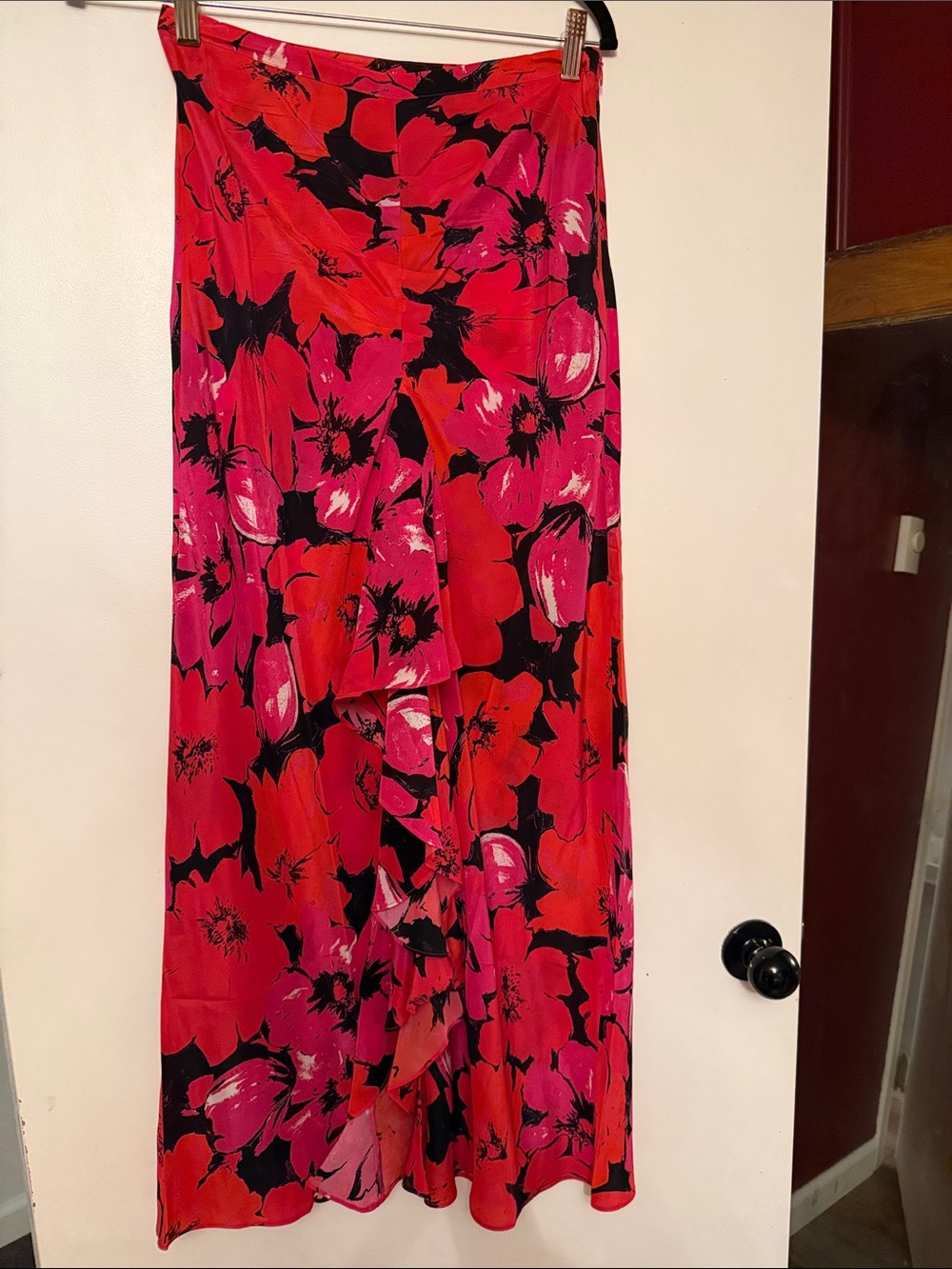 RIXO Red and Pink Floral High-Low Maxi Skirt